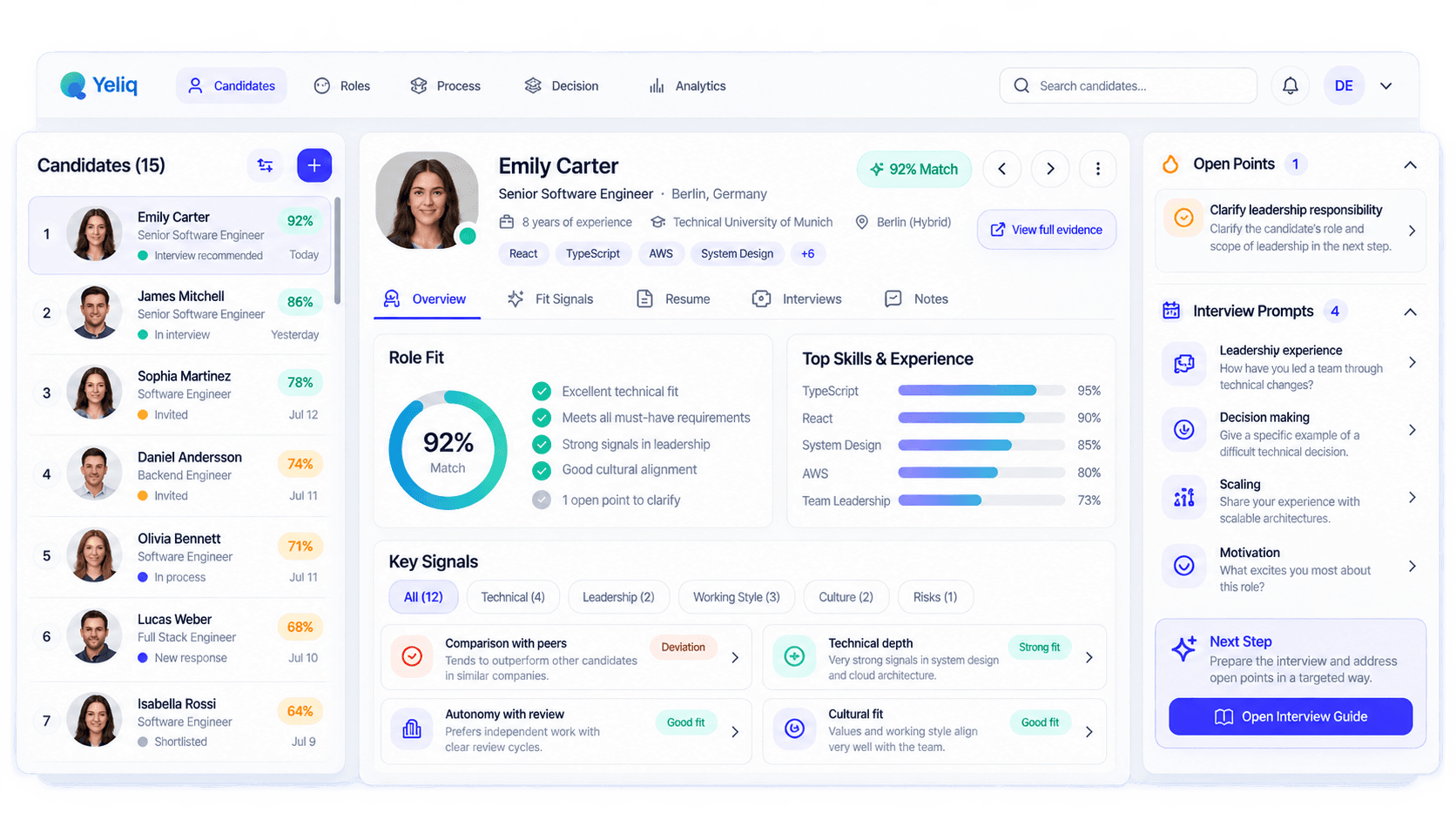Yeliq decision basis with relevant signals, open points and interview prompts