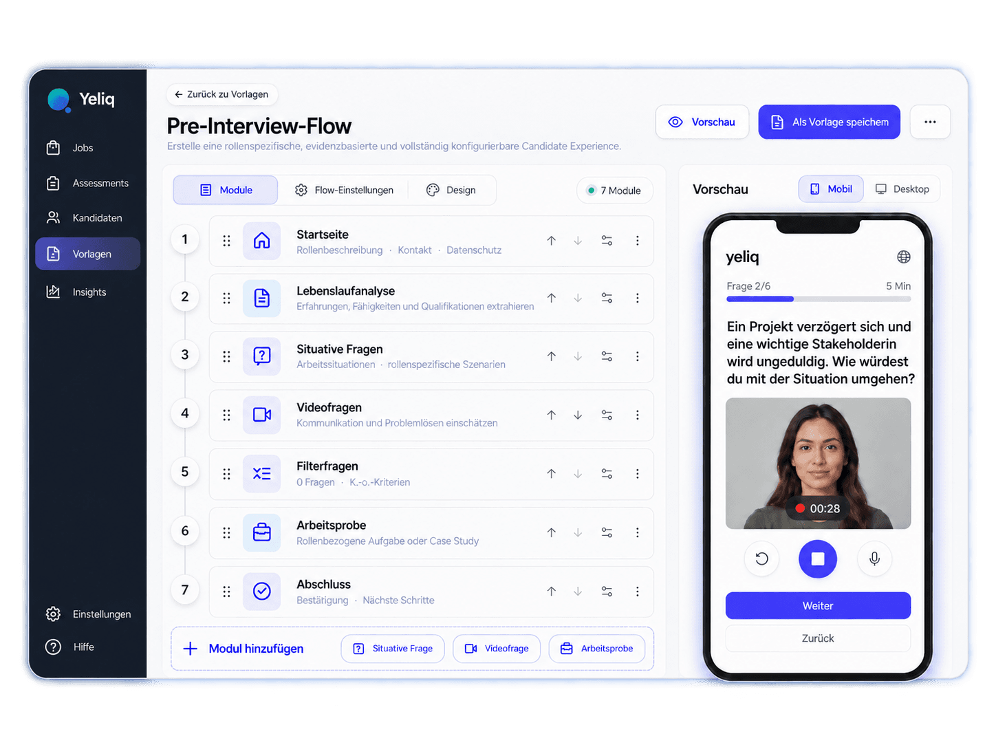 Yeliq Flow Builder für den konfigurierten Pre-Interview Flow