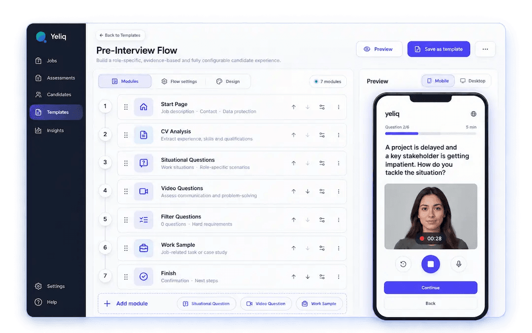 Yeliq Flow Builder for the configured Pre-Interview Flow